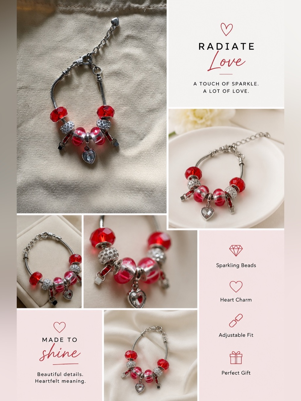 Radiate Love Silver Bracelet with Red Beads & Heart Charm